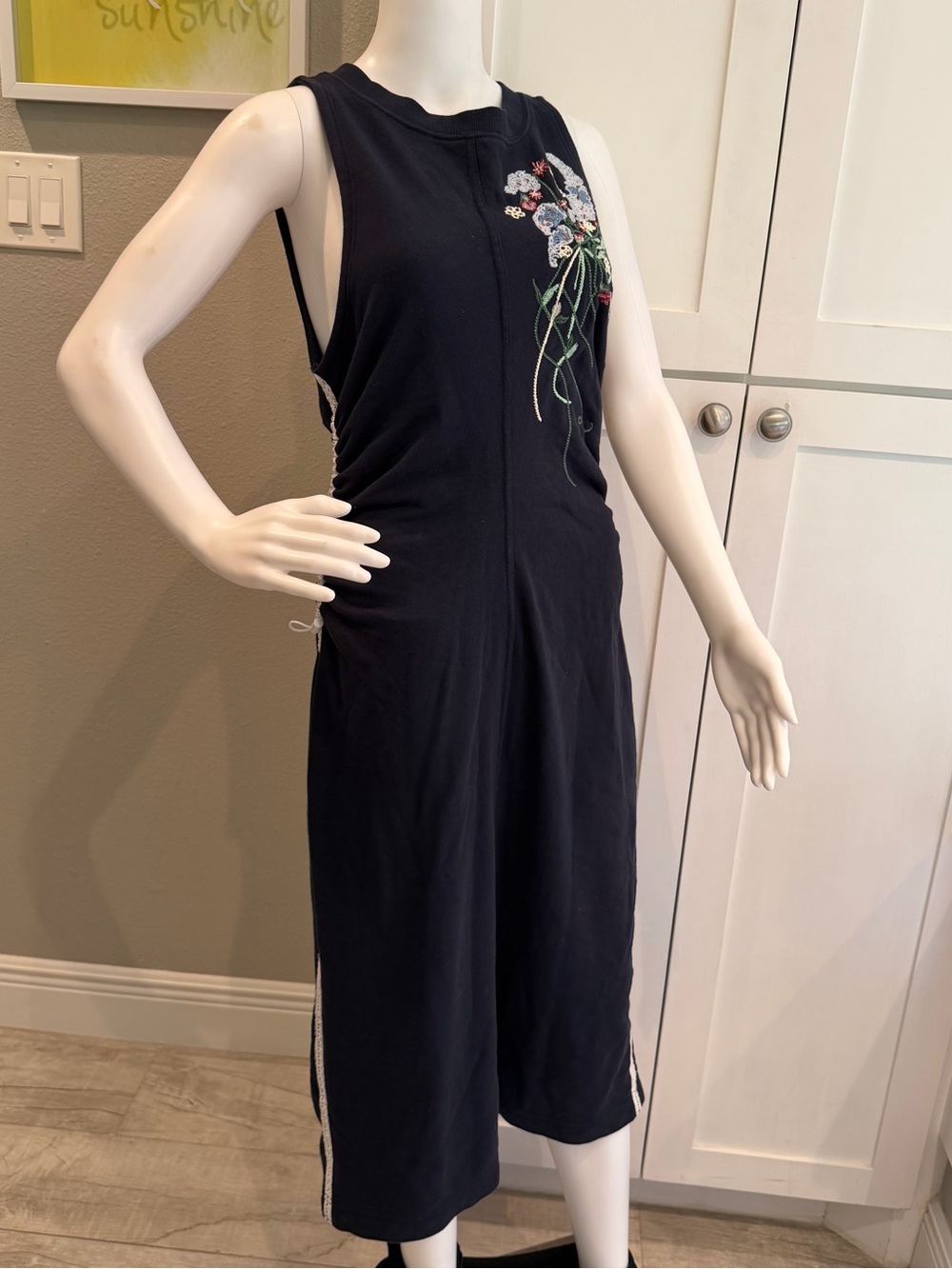 NWT Sz M Daily Practice Anthropologie Embroidered Navy Sleeveless Midi Dress